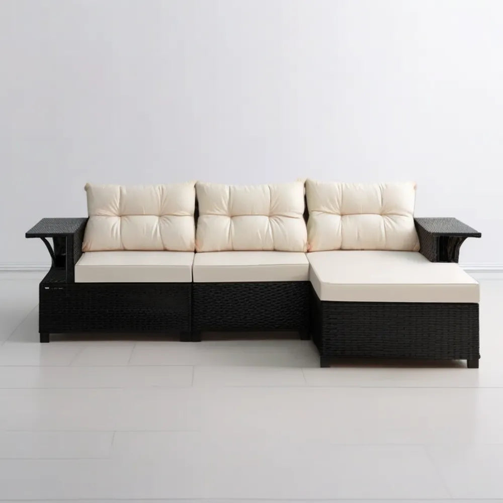 Narożna sofa ogrodowa 3-osobowa z technorattanu PE, czarno-kremowa, 220 x 145 x 75 cm