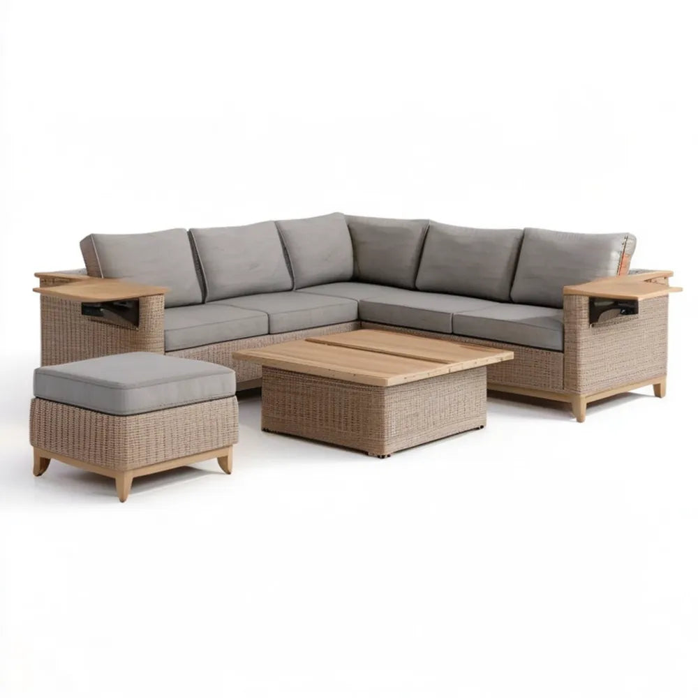 Narożny zestaw ogrodowy z technorattanu PE w kształcie L 300 x 220 x 85 cm, beżowo-szary
