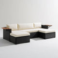 3-osobowa narożna sofa ogrodowa z technorattanu PE, czarno-kremowo-brązowa, 220 x 170 x 65 cm