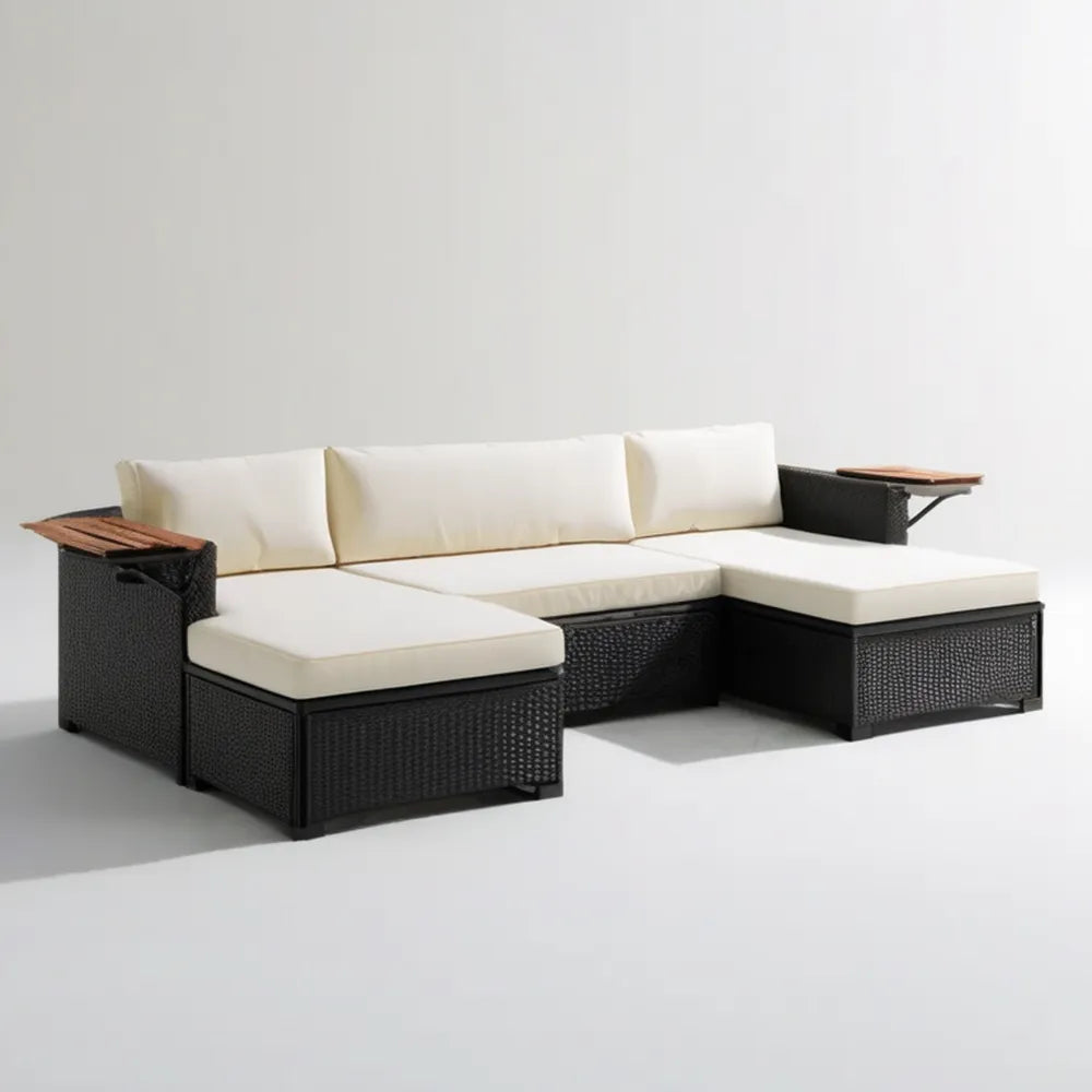 3-osobowa narożna sofa ogrodowa z technorattanu PE, czarno-kremowo-brązowa, 220 x 170 x 65 cm