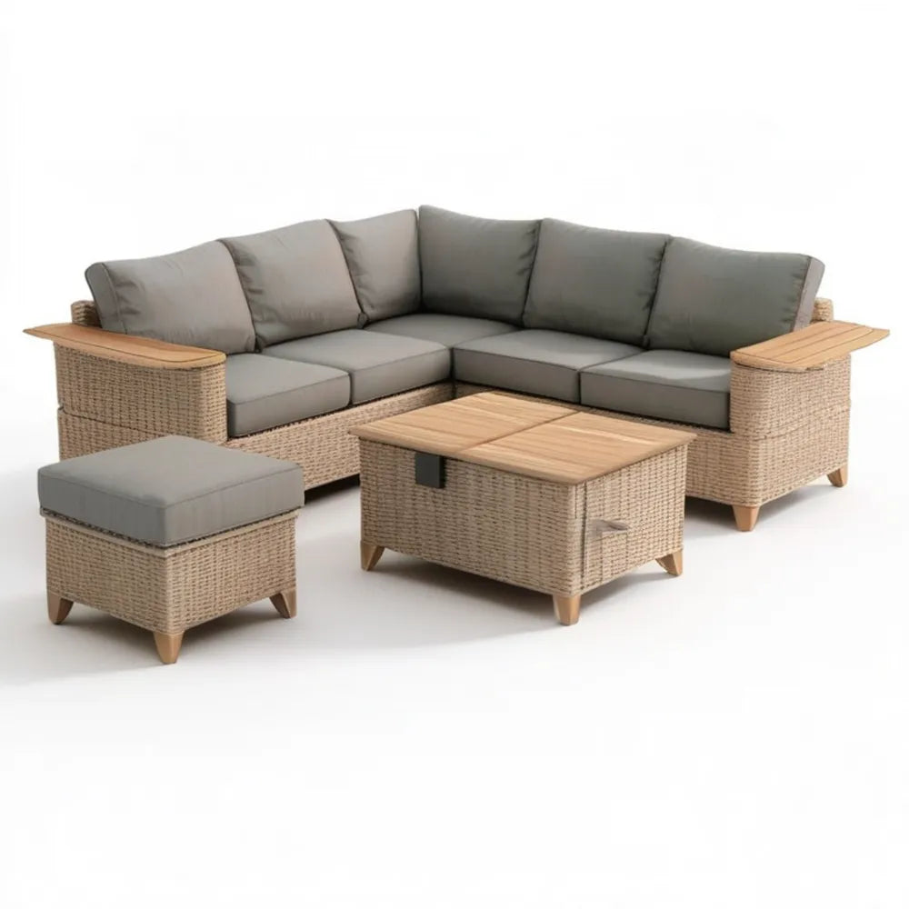 Beżowy zestaw ogrodowy z technorattanu PE z szarymi poduszkami, sofa narożna 255 × 255 × 78 × 75 cm