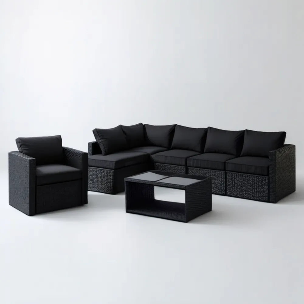 Czarny zestaw z technorattanu PE z sofą 195 x 65 x 65 cm, fotelem i stolikiem