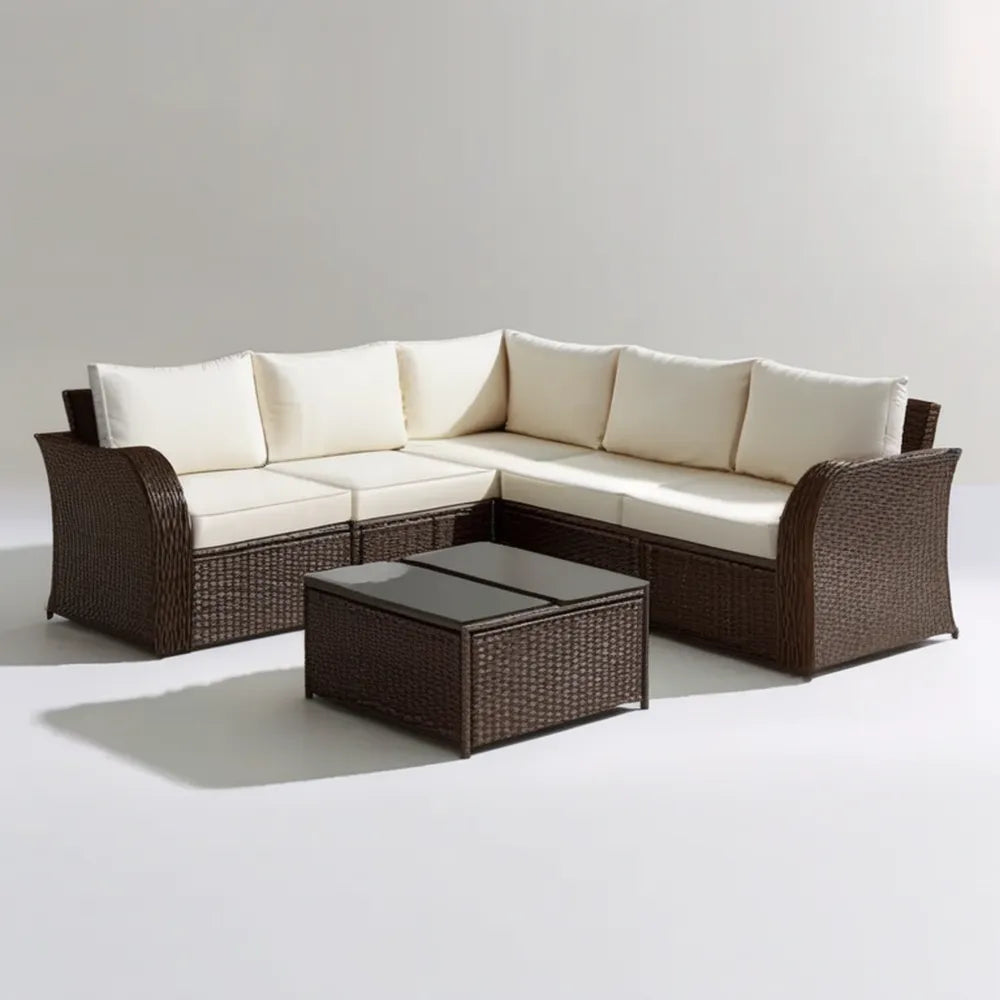 Narożny zestaw ogrodowy z technorattanu PE w kolorze brązowym z kremowymi poduszkami, sofa 250 x 200 x 65 cm i stolik 90 x 50 x 35 cm